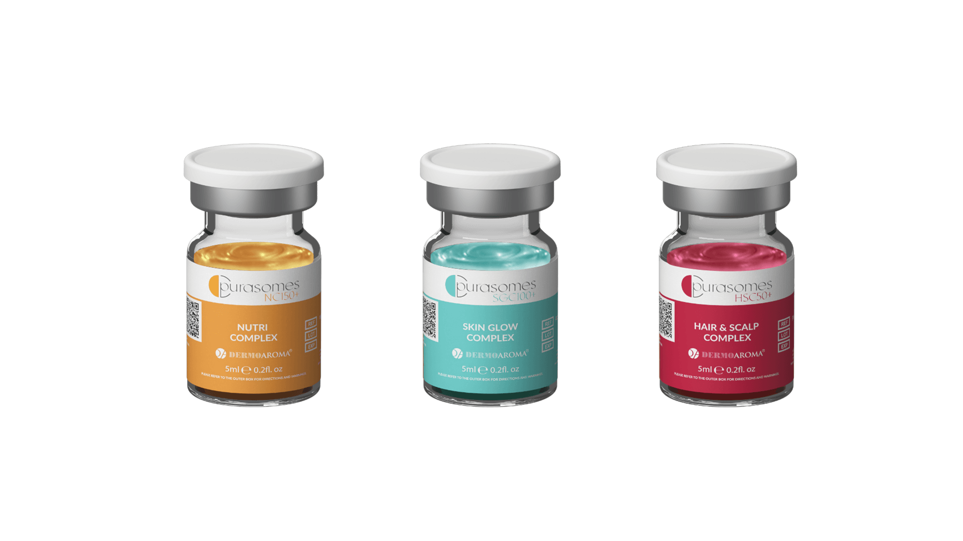 Purasomes exosome vials by Dermoaroma — Nutri Complex, Skin Glow Complex, and Hair & Scalp Complex